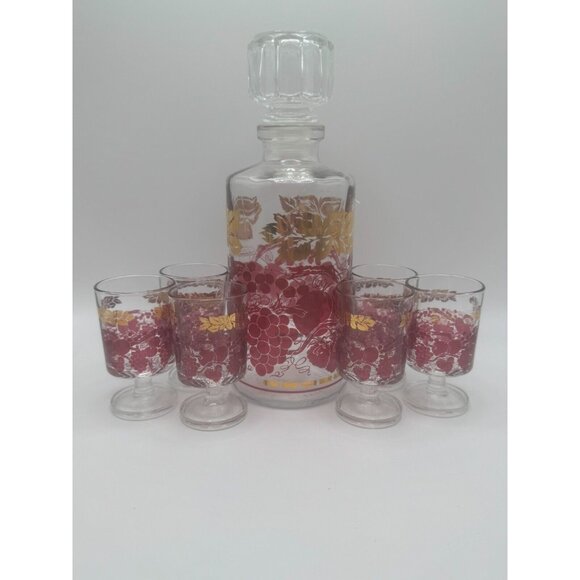 VTG French Luminarc Gold & Red Grape/Leaf Design Cordial Glass & Decanter Set - Picture 1 of 16